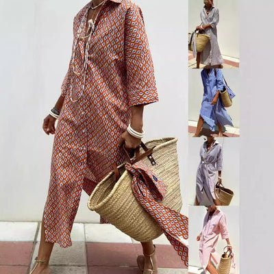 Wanette | Striped Two-side Slit Shirt Dress